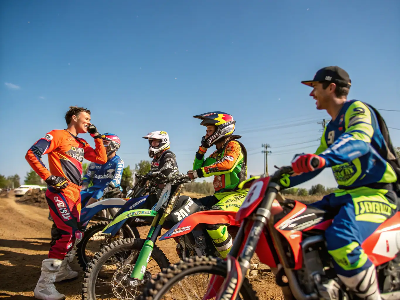 A group photo of TB2 RACING TEAM members engaging in a community outreach event, promoting safe riding practices and environmental awareness.