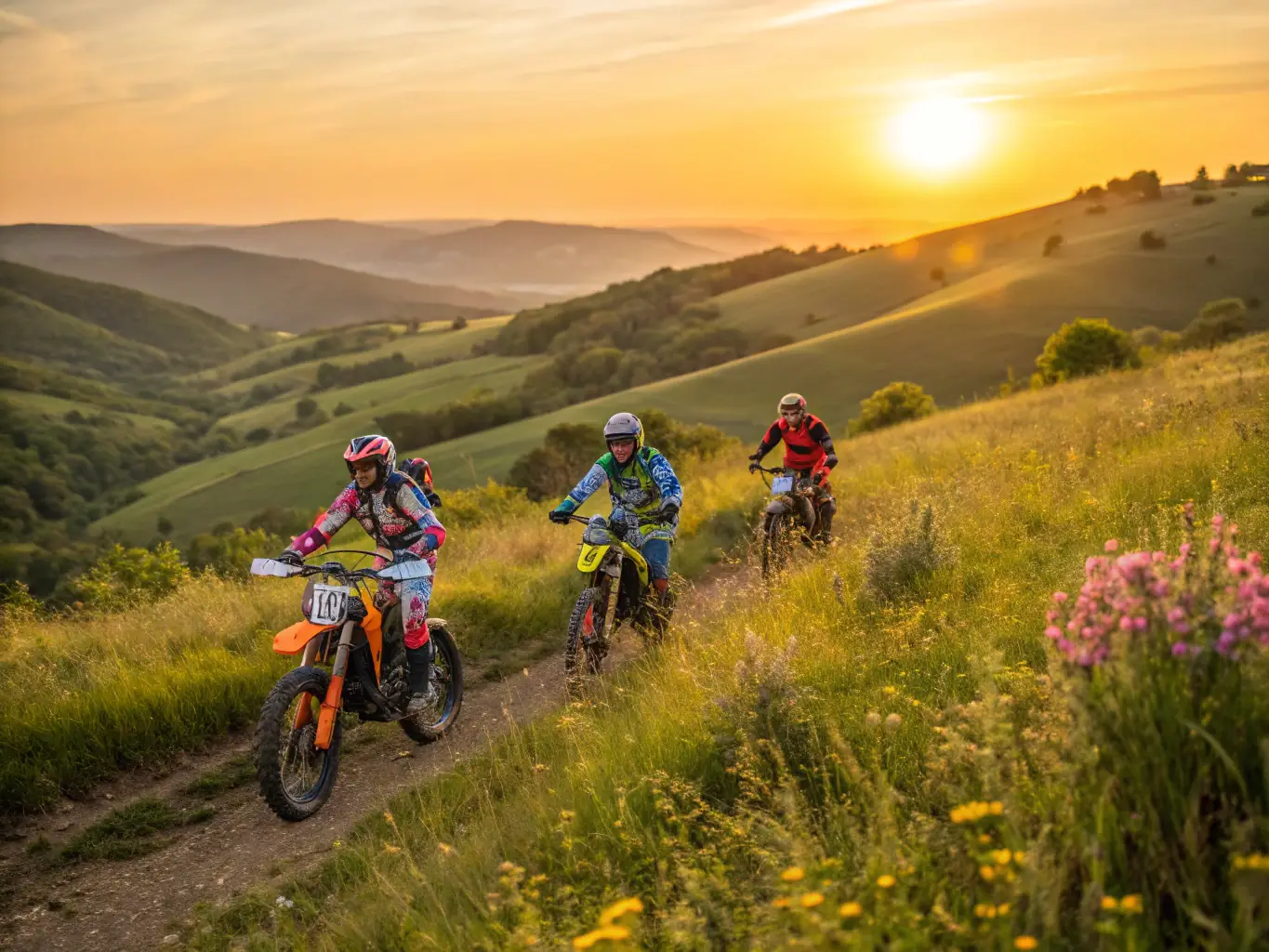 A group of young motocross riders participating in a team-building exercise at a TB2 RACING TEAM event. The image shows them working together, laughing, and supporting each other, highlighting the community aspect of the team.