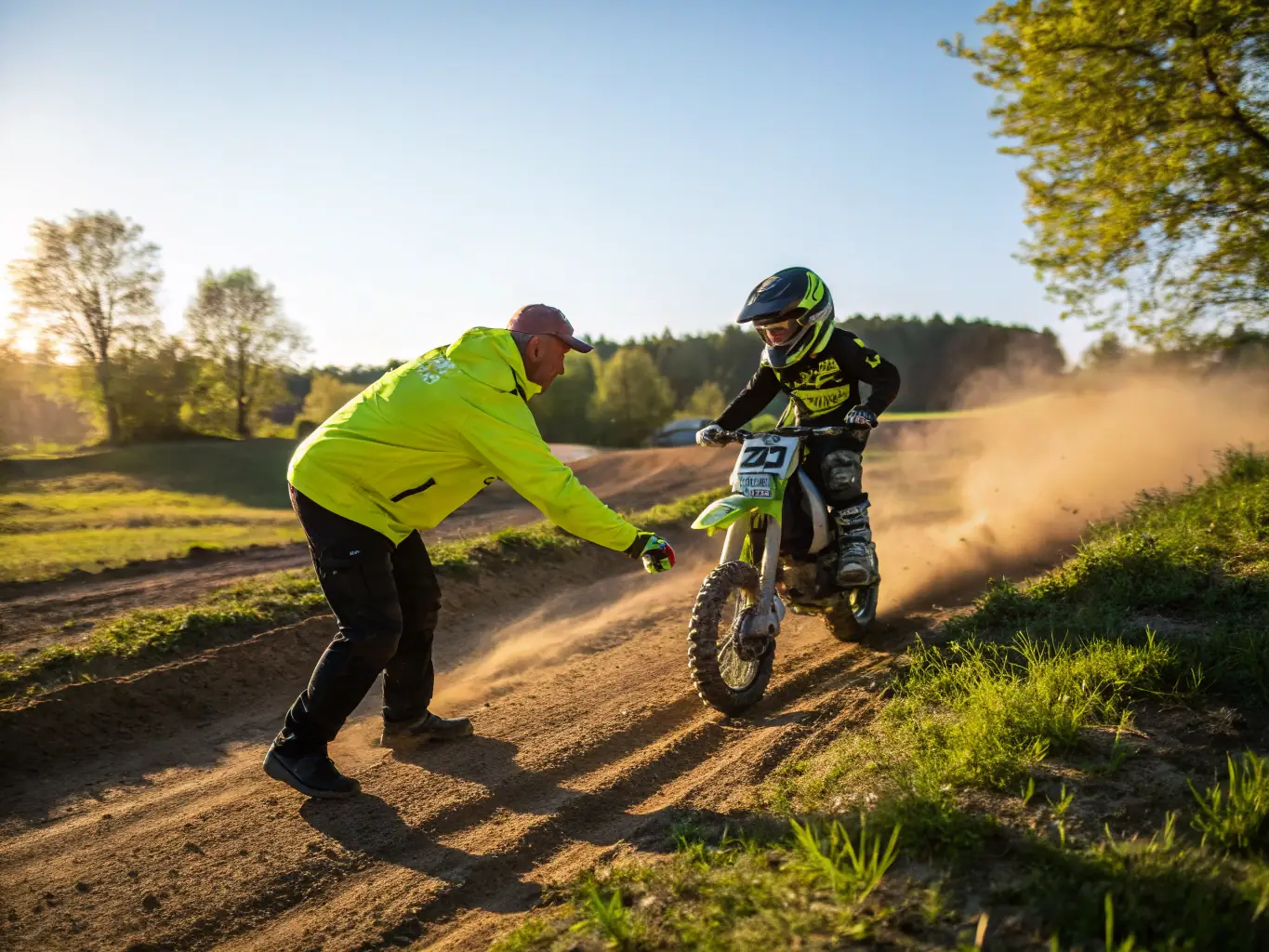 A TB2 RACING TEAM member providing guidance and support to a young rider during a race. The image captures the mentor-mentee relationship, emphasizing the personalized coaching and support provided by the team.