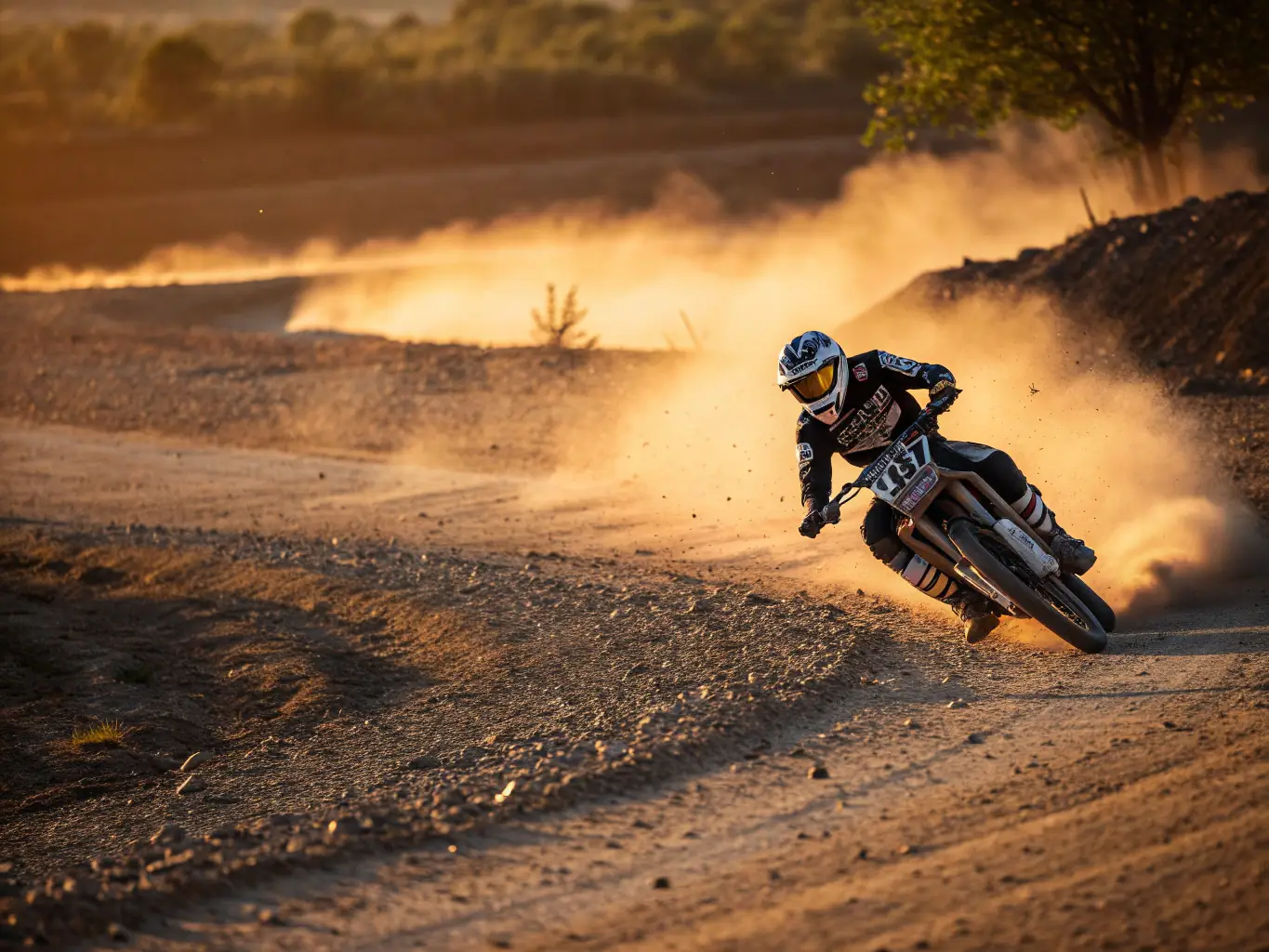A young motocross rider in full gear, confidently navigating a challenging turn on a dirt track during a training session. The image captures the intensity and focus of the rider, with dust kicking up behind the bike, showcasing the dynamic nature of motocross training.